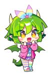  1girl blush bow brown_eyes collar deformed draco_centauros draco_centauros_(miracle_charmy) dragon_horns dragon_tail dragon_wings fang gradient_socks green_hair green_socks green_tail green_wings hair_between_eyes hands_on_own_face headband heart_headband highres horns jacket looking_at_viewer medium_hair offbeat open_mouth pink_jacket pointy_ears polka_dot polka_dot_socks purple_collar purple_skirt puyopuyo puyopuyo_quest shirt_bow simple_background skirt socks solo striped_clothes striped_socks tail thigh_bow thighhighs white_background white_headband wings yellow_thighhighs 