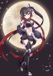  black_gloves black_hair black_legwear breasts cherry_blossoms detached_sleeves fishnets full_moon geta gloves hair_ornament highres long_hair looking_at_viewer mahou_shoujo_ikusei_keikaku md5_mismatch medium_breasts miniskirt moon navel night night_sky petals purple_eyes red_scarf ripple_(mahoiku) sandals scarf side_ponytail skirt sky solo tabi terunonedi thighhighs 