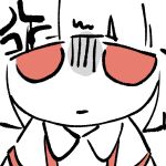  1girl :| anger_vein annoyed arm_strap blunt_bangs blunt_sidelocks chibi chibi_only chinese_commentary close-up closed_mouth collared_shirt colored_skin commentary_request fujiwara_no_mokou highres long_sleeves looking_at_viewer portrait red_eyes shaded_face shirt sidelocks simple_background solo squiggle suspenders tareme touhou user_kwxy7534 white_background white_hair white_shirt white_skin 