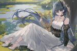  ai-generated arknights arm_support beads black_corset blue_eyes blue_hair blue_nails cantabile_(arknights) choker corset detached_sleeves dress earrings falling_petals feather_hair high_heels highres holding holding_instrument holding_lyre instrument jewelry knees_up lake lily_pad long_hair long_sleeves looking_at_viewer lyre mole mole_under_eye nail_polish necklace pearl_anklet petals ring sitting sphere_earrings user_gwnv7457 very_long_hair waistband white_dress 