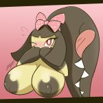 2026 2_mouths absurd_res accessory anthro areola big_breasts black_areola black_hair black_hands black_nipples blush blush_lines bodily_fluids bow_accessory bow_only bow_ribbon breasts covering covering_face covering_mouth covering_own_mouth covering_self dark_areola dark_nipples dex0codex digital_media_(artwork) don't_attack_me_mawile eyelashes female female_anthro flying_sweatdrops generation_3_pokemon glistening glistening_breasts gradient_background hair hair_accessory hair_bow hair_ribbon head_bow hi_res licking licking_lips mawile mitten_hands multi_mouth multicolored_body nintendo nipples nude nude_anthro nude_female one_eye_closed pink_background pink_bow pink_ribbon pokemon pokemon_(species) pupils red_eyes ribbons signature simple_background solo sweat sweatdrop tears tears_of_sadness teeth three-quarter_view tongue tongue_out two_tone_body white_pupils yellow_body