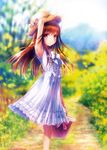  absurdres arm_up armpits bow bowtie brown_eyes brown_hair day dress from_side goto_p hat highres holding long_hair looking_at_viewer original outdoors sky solo sundress white_bow white_dress 