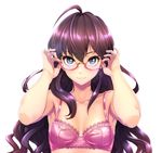  adjusting_eyewear ahoge bespectacled blue_eyes bra breasts brown_hair collarbone glasses highres ichinose_shiki idolmaster idolmaster_cinderella_girls infinote long_hair looking_at_viewer medium_breasts red-framed_eyewear semi-rimless_eyewear smile solo under-rim_eyewear underwear upper_body white_background 