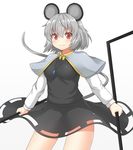  &gt;:) animal_ears arms_at_sides black_dress blush breasts capelet closed_mouth commentary_request cowboy_shot dowsing_rod dress dual_wielding grey_hair highres holding jewelry long_sleeves looking_at_viewer medium_breasts mouse_ears mouse_tail nazrin pendant red_eyes smile solo tail touhou v-shaped_eyebrows white_background yuu_(yu0221f) 