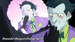 3boys batman batman_(series) blush bow bowtie bruce_wayne colored_skin dc_comics drawfee english_text frown_lines gloves green_hair hair_slicked_back imagining joker_(dc) karina_farek male_focus multiple_boys open_mouth smile_lines upper_body white_skin yaoi 