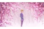  1boy arms_behind_back belt black_belt black_pants blonde_hair blue_eyes blue_jacket border chi.:_chikyuu_no_undou_ni_tsuite closed_mouth commentary_request feet_out_of_frame flower highres jacket letterboxed light_smile looking_at_viewer male_focus pants parted_bangs pink_flower rafal_(chi.) short_hair solo swept_bangs tamanae white_border 