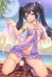  arabian_clothes armlet ass_visible_through_thighs bangle beach black_hair bracelet breasts circlet desert full_moon half-closed_eyes hand_on_own_chest harem_outfit jewelry kneeling lake light_smile long_hair moon navel oasis original outdoors purple_eyes sand sandals sasaame shawl sky small_breasts solo star_(sky) starry_sky tree twintails underboob water 