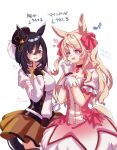  2girls amadare_rak animal_ears black_gloves black_hair blonde_hair blue_eyes blush bow bowtie breasts cleavage corset cosplay dress ear_ornament eishin_flash_(umamusume) flying_sweatdrops furrowed_brow gloves heart highres horse_ears horse_girl horse_tail kaname_madoka kaname_madoka_(cosplay) kaname_madoka_(magical_girl) long_hair long_sleeves looking_at_another mahou_shoujo_madoka_magica medium_hair multiple_girls musical_note open_mouth own_hands_clasped own_hands_together parted_lips pink_dress purple_eyes short_sleeves simple_background small_breasts standing swept_bangs tail tomoe_mami tomoe_mami_(cosplay) tomoe_mami_(magical_girl) translation_request umamusume upper_body victoire_pisa_(umamusume) wavy_hair white_background white_gloves yellow_bow yellow_bowtie 