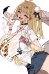  1girl :d absurdres ahoge alternate_costume animal_between_breasts animal_print arched_back between_breasts bikini bikini_under_clothes black_choker black_ribbon black_skirt blonde_hair blush braid breasts brown_thighhighs cellphone cellphone_charm chalky_(zenless_zone_zero) character_charm charm_(object) choker cissia_(zenless_zone_zero) collared_shirt commentary_request cowboy_shot double_v earclip facial_mark fang fingernails from_side green_scrunchie gyaru hair_behind_ear hair_ornament hair_ribbon hairclip half-closed_eyes half_up_braid hands_up heart heart_facial_mark heart_necklace highres holding holding_phone huge_breasts jewelry kogal leaning_forward leopard_print leopard_print_bikini long_hair looking_at_viewer looking_to_the_side microskirt midriff_peek nail_polish navel_piercing necklace nemuinu7 one_side_up open_mouth partially_unbuttoned phone piercing pink_nails pleated_skirt pom_pom_(clothes) pom_pom_hair_ornament print_bikini red_eyes red_scrunchie ribbon school_uniform scrunchie see-through_clothes see-through_shirt shirt short_sleeves simple_background skirt smartphone smile snake snake_girl snake_hair_ornament snake_tail solo spoken_heart standing striped_clothes striped_scrunchie sweatdrop swimsuit tail tail_raised thighhighs translated v variant_set very_long_hair wet wet_clothes wet_shirt white_background white_shirt white_snake wise_(zenless_zone_zero) wrist_scrunchie wristband zenless_zone_zero 