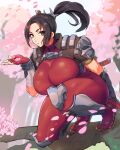  1girl armor bandaged_arm bandages black_hair bodysuit breasts cherry_blossoms commentary_request falling_petals fingerless_gloves full_body gloves hair_ornament high_ponytail highres huge_breasts knee_armor long_hair looking_at_viewer madsensei ninja open_hand outdoors parted_bangs parted_lips petals pink_petals ponytail red_bodysuit red_gloves sandals sheath sheathed shoulder_armor solo soulcalibur squatting taki_(soulcalibur) turtleneck turtleneck_bodysuit 