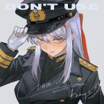  1girl aegyo_sal black_jacket buttons commentary commission english_commentary gloves grey_background hair_between_eyes hair_ribbon hairband hand_up hat highres jacket kantai_collection lapels lewenxijian long_hair long_sleeves military military_hat military_jacket military_uniform naval_uniform notched_lapels parted_lips peaked_cap red_hairband red_ribbon ribbon shoukaku_(kancolle) sidelocks simple_background solo upper_body watermark white_gloves white_hair yellow_eyes 