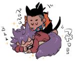 2boys animal_ears black_hair black_hoodie blue_shirt cat_boy cat_ears cat_tail chuu_ni closed_eyes coat collared_shirt commentary_request curled_up dark-skinned_male dark_skin double-parted_bangs hair_between_eyes hood hood_down hoodie kemonomimi_mode leon_(pokemon) licking lowres male_focus multiple_boys orange_hoodie pokemon pokemon_sword_and_shield raihan_(pokemon) red_coat shirt short_hair tail tailcoat tongue tongue_out translation_request two-sided_hoodie u_u undercut white_background wing_collar 