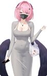  1girl 4kebidayo absurdres alternate_costume bag black_bow black_mask black_wings bow breasts cleavage collarbone commentary covered_navel cowboy_shot dongtan_dress dress grey_dress hair_between_eyes hair_bow highres holding holding_bag holding_phone jewelry large_breasts looking_at_viewer low_wings mask medium_hair mouth_mask multicolored_nails necklace phone pink_eyes pink_hair purple_nails ramiel_(zenless_zone_zero) red_nails revision shopping_bag silver_ring simple_background solo taut_clothes taut_dress tight_clothes tight_dress white_background wings zenless_zone_zero 