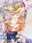  1boy badeni blonde_hair blue_eyes blue_shirt blunt_bangs blurry blurry_foreground cherry_blossoms chi.:_chikyuu_no_undou_ni_tsuite closed_mouth commentary_request expressionless flower flower_over_eye grey_jacket highres jacket male_focus medium_hair pink_flower shirt solo suit_jacket tamanae upper_body 