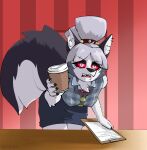absurd_res accessory angry animal_crossing anthro arm_tuft bee_movie black_nose bottomwear bow_ribbon canid canid_demon canine canis cheek_tuft chest_tuft clothed clothing copypasta cosplay crossover crossover_cosplay demon domestic_dog ear_piercing ear_ring elbow_tuft eye_bags eyebrow_piercing eyebrow_through_hair eyebrows eyelashes eyeshadow facial_piercing facial_tuft female fluffy fluffy_tail fur glowing glowing_eyes grey_body grey_fur grey_hair hair hair_accessory hair_bun half_dime hellaverse hellhound helluva_boss hi_res holding_object humanoid_hands husky inner_ear_fluff isabelle_(animal_crossing) leaning leaning_forward looking_at_viewer loona_(helluva_boss) makeup mammal mythological_canine mythological_creature mythology nintendo nipple_outline nipple_piercing nipples nordic_sled_dog notched_ear office office_clothing open_mouth pattern_clothing pattern_topwear piercing plaid plaid_clothing plaid_topwear red_eyes ring_piercing skirt solo spitz standing sweater tail teeth topwear translucent translucent_hair tuft white_body white_fur wolf