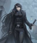  1girl absurdres aegyo_sal belt_collar black_coat black_eyes black_gloves black_hair chest_belt cityscape coat collar dafffav feet_out_of_frame fingerless_gloves genderswap genderswap_(mtf) gloves head_tilt highres holding holding_sword holding_weapon lamppost long_hair moon omniscient_reader's_viewpoint open_clothes open_coat outdoors serious shirt solo sword tight_clothes tight_shirt weapon yoo_joonghyuk 