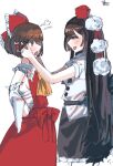  2girls alternate_hair_length_(longer) artist_logo ascot black_hair black_skirt bow brown_eyes brown_hair commentary_request detached_sleeves frilled_bow frilled_hair_tubes frilled_skirt frills hair_bow hair_tubes hakurei_reimu hat highres logo long_hair looking_at_another militantan203 multiple_girls nontraditional_miko pom_pom_(clothes) red_bow red_eyes red_hat red_shirt red_skirt sarashi shameimaru_aya shirt short_hair simple_background skirt sleeveless sleeveless_shirt tokin_hat touhou white_background white_shirt yellow_ascot 