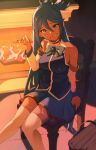  1girl absurdres aqua_(konosuba) blue_eyes blue_hair blue_shirt blue_skirt boots bow bowtie breasts chair commentary detached_sleeves english_commentary fire fireplace firewood from_above green_bow green_bowtie hair_between_eyes hair_ornament highres indoors kono_subarashii_sekai_ni_shukufuku_wo! konosuba!_fantastic_days milkmountain night on_chair pussy_juice shadow shirt sitting skirt solo sticky sticky_hand sweat thighhighs thighhighs_under_boots wooden_chair 