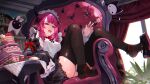  1girl :d absurdres apron black_dress black_shoes bloom_(irys) blue_eyes blunt_bangs brooch chair commentary dress drill_hair drill_sidelocks english_commentary flower flower_brooch fork frilled_apron frills gloom_(irys) hair_flower hair_ornament heterochromia highres holding holding_fork hololive hololive_english horns indoors irys_(hololive) irys_(maid)_(hololive) jewelry juliet_sleeves lace-trimmed_dress lace_trim long_hair long_sleeves looking_at_viewer maid namiorii official_alternate_costume official_alternate_hairstyle on_chair open_mouth pointy_ears puffy_sleeves purple_eyes purple_hair shoes sidelocks single_shoe single_sleeve_past_fingers sitting sitting_sideways smile solo thighhighs victorian_maid virtual_youtuber white_apron wide_sleeves 