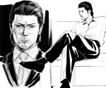  beard commentary_request couch crossed_legs dojima_daigo dress_shirt facial_hair formal_clothes greyscale hair_slicked_back male_focus monochrome mullet necktie portrait ryuu_ga_gotoku_(series) ryuu_ga_gotoku_3 serious shirt sitting tyag53 