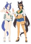  2girls animal_ears arm_up bag bikini bikini_under_clothes black_sandals blue_hair braid breasts brown_hair cesario_(umamusume) character_charm charm_(object) cleavage collared_shirt commentary criss-cross_halter crown_braid cup cutoffs dark-skinned_female dark_skin denim denim_shorts ear_ornament earrings eyewear_on_head green_bikini green_eyes groin hair_ornament halterneck hand_on_own_hip highres holding holding_cup horse_ears horse_girl horse_tail jewelry large_breasts long_hair long_sleeves looking_at_viewer multicolored_hair multiple_girls navel open_fly purple_eyes sandals scrunchie shirt short_hair shorts simple_background special_week_(umamusume) swimsuit symboli_kris_s_(umamusume) tail thigh_strap tied_shirt transparent_bag two-tone_hair umamusume unfinished very_long_hair vococo white_background white_bikini white_hair white_sandals white_shirt wrist_scrunchie 
