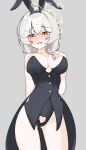  1girl absurdres alternate_costume animal_ear_hairband animal_ears arm_behind_back ass_visible_through_thighs bare_shoulders black_hairband black_leotard black_tailcoat blue_archive blush braid breast_suppress breasts buttons cleavage clothing_cutout collarbone commentary cowboy_shot crossed_bangs curvy cutout_below_navel earrings embarrassed eri_(blue_archive) fake_animal_ears grey_background grey_hair groin hair_between_eyes hairband halo hand_up heart_cutout highleg highleg_leotard highres jewelry large_breasts leotard long_hair looking_at_viewer nose_blush open_mouth orange_eyes playboy_bunny rabbit_ear_hairband rabbit_ears randayo_sasaki simple_background single_braid single_earring solo strapless strapless_leotard sweatdrop tailcoat tailcoat_playboy_bunny tearing_up thighs tilted_halo tsurime variant_set yellow_halo 