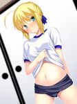  ahoge arm_behind_back artoria_pendragon_(all) blonde_hair blue_buruma blue_eyes blush buruma dutch_angle fate/stay_night fate_(series) gym_uniform midriff navel panties panty_peek saber shirt_lift skylader smile solo underwear 