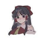  1girl :| ascot black_hair bow closed_mouth commentary_request cropped_torso detached_sleeves frilled_hair_tubes frills hair_bow hair_tubes hakurei_reimu highres konoha217 long_hair looking_at_viewer red_bow red_eyes red_shirt shirt simple_background sleeveless sleeveless_shirt solo touhou upper_body white_background yellow_ascot yin_yang yin_yang-shaped_pupils 