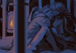  2boys blue_theme commentary_request denisefanta eustass_kid facial_hair goatee hair_over_eyes headband highres hug killer_(one_piece) lantern male_focus monochrome multiple_boys one_piece short_hair sitting yaoi 