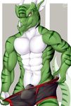  2016 5_fingers abs biceps black_penis boxers_(clothing) brown_eyes bulge clothed clothing countershade_torso countershading digital_media_(artwork) dragon front_view green_scales green_stripes green_tail half-length_portrait horn lizard long_tail looking_at_viewer male multicolored_scales multicolored_tail muscular muscular_male navel notched_ear pecs penis penis_base portrait reptile scales scalie signature simple_background skaar smile soliscanis standing striped_scales striped_tail stripes teeth topless underwear underwear_pull undressing white_countershading white_horn white_scales white_tail 