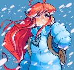  1girl ahoge backpack bag blue_background blue_jacket brown_bag celeste_(game) closed_mouth commentary down_jacket english_commentary hand_on_own_ear hand_up highres jacket jenna_brown long_hair long_sleeves madeline_(celeste) nose nostrils orange_hair purple_eyes snowing solo upper_body zipper_pull_tab 