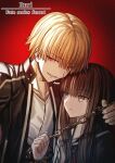  1boy 1girl artist_name blonde_hair brown_eyes brown_hair chain clenched_teeth closed_mouth commentary copyright_name fate_(series) fingernails gilgamesh_(fate) gilgamesh_(immoral_biker_jacket)_(fate) hand_up kishinami_hakuno_(female) long_hair looking_at_viewer red_background red_eyes ruri_(ruri30559404) sailor_collar shirt short_hair smile teeth upper_body white_shirt 