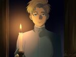  1boy aqua_eyes blonde_hair blue_jacket candle chi.:_chikyuu_no_undou_ni_tsuite closed_mouth commentary dated doorway gold_buttons highres holding holding_candle jacket looking_at_viewer male_focus rafal_(chi.) short_hair signature solo swept_bangs tamanae twitter_username untranslatable_commentary upper_body 