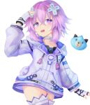  1girl choker commentary_request d-pad d-pad_hair_ornament dogoo drawstring emblem fingerless_gloves gloves hair_ornament highres hood hoodie neptune_(neptunia) neptune_(series) open_mouth purple_eyes purple_hair short_hair sidelocks simple_background slime_(creature) smile suterisu tongue tongue_out usb white_background 