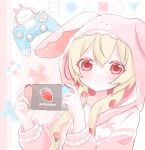  1girl animal_hood blonde_hair character_name circle closed_mouth commentary_request commission controller crew_neck double-parted_bangs dualshock food-themed_hair_ornament game_controller hair_ornament hair_over_shoulder handheld_game_console hands_up holding holding_handheld_game_console hood hood_up hooded_jacket ichigono_parfait indie_virtual_youtuber jacket konkave_linse long_hair long_sleeves looking_at_viewer nintendo_switch open_clothes open_jacket pink_jacket playstation_controller plus_sign rabbit rabbit_hood red_eyes shirt sidelocks smile solo square sticker strawberry_hair_ornament triangle upper_body virtual_youtuber white_shirt 