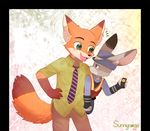  2016 canine digital_media_(artwork) disney female fox judy_hopps lagomorph male mammal necktie nick_wilde open_mouth rabbit simple_background sunnynoga zootopia 