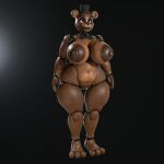 3_toes 3d_(artwork) animatronic anthro areola bear big_areola big_breasts black_background black_bow_tie black_lips black_nails blue_eyes bow_tie breasts brown_areola brown_body brown_breasts brown_nipples clothing colored_nails crossgender curvy_figure dark_areola dark_nipples digital_media_(artwork) feet female five_nights_at_freddy's freddy_(fnaf) full-length_portrait genitals glistening glistening_areola glistening_body glistening_breasts glistening_face glistening_lips glistening_nipples hat headgear headwear hi_res huge_areola huge_breasts lips machine mammal mtf_crossgender nails navel nipple_dip nipples octal portrait robot robot_anthro scottgames simple_background solo standing thick_bottom_lip thick_thighs toes top_hat voluptuous voluptuous_anthro voluptuous_female vulva wide_hips