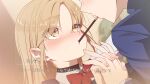  1boy 1girl absurdres alternate_costume aobara_hairi blush bow bowtie brown_eyes brown_hair commentary_request dutch_angle ear_blush faceless faceless_male food highres holding_hands interlocked_fingers long_hair looking_at_another mouth_hold nijisanji parted_bangs pocky pocky_kiss red_bow red_bowtie shirt sister_claire solo_focus straight_hair thick_eyebrows traditional_bowtie translation_request video_game_dialogue_box virtual_youtuber white_shirt wispy_bangs 