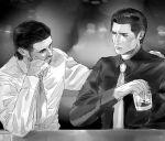  2boys ahoge arm_around_shoulder beard blush commentary_request dojima_daigo facial_hair greyscale hair_slicked_back male_focus mine_yoshitaka monochrome mullet multiple_boys necktie no_jacket ryuu_ga_gotoku_(series) ryuu_ga_gotoku_3 sitting tyag53 whisky_glass 