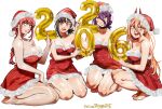  2026 4girls absurdres barefoot black_choker blonde_hair blush braid braided_ponytail breasts brown_eyes brown_hair chainsaw_man choker cleavage cross-shaped_pupils demon_girl demon_horns dress feet fur-trimmed_dress fur_trim green_eyes grenade_pin hair_between_eyes hair_ornament hairclip higashiyama_kobeni highres horns kneeling large_breasts long_hair_between_eyes makima_(chainsaw_man) medium_breasts multiple_girls number_balloon open_mouth ponytail power_(chainsaw_man) purple_hair red_dress red_hair red_horns santa_costume santa_dress sharp_teeth short_ponytail sidelocks simple_background small_breasts squatting stepkingo_art symbol-shaped_pupils teeth white_background yellow_eyes 