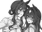  2girls animal_ears blush breasts cleavage clothes_lift gentildonna_(umamusume) greyscale hair_rings highres horse_ears horse_girl horse_tail large_breasts long_hair lut01 monochrome multicolored_hair multiple_girls shirt shirt_lift smile sweat tail two-tone_hair umamusume verxina_(umamusume) white_shirt yuri 