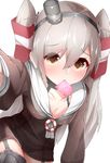  amatsukaze_(kantai_collection) bad_id bad_pixiv_id black_panties boruhis breasts brown_eyes cleavage collar collarbone condom condom_in_mouth dress_shirt garter_straps grey_hair hair_ornament heart heart-shaped_pupils kantai_collection long_hair looking_at_viewer mouth_hold panties see-through shirt simple_background small_breasts smallbug solo symbol-shaped_pupils underwear white_background 