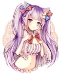  :o animal_ears bangs bell blue_bow blunt_bangs blush bow bowtie bra braid breasts capelet cat_ears cleavage crescent crescent_hair_ornament frills hair_bow hair_ornament jingle_bell kemonomimi_mode large_breasts long_hair navel patchouli_knowledge purple_bra purple_eyes purple_hair red_bow red_neckwear solo star star_hair_ornament striped touhou two_side_up ukita_uuko underwear upper_body very_long_hair 