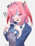  ! 1girl blue_jacket blue_streaks blush bow bowtie breasts bright_pupils cryne embarrassed grey_background grey_vest highres index_fingers_together jacket kanan-sama_wa_akumade_choroi kanan_(kanan-sama) large_breasts medium_hair multicolored_hair open_mouth pink_eyes pink_hair ribbon school_uniform shirt simple_background streaked_hair striped_bow striped_bowtie striped_clothes striped_ribbon two-tone_hair vest white_pupils white_shirt 
