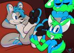 3_toes anthro big_feet big_pawpads blue_body blue_eyes blue_fur canid canine canis dingo duo eyes_closed feet foot_fetish foot_focus foot_in_mouth foot_lick foot_on_face foot_play foot_suck fur green_body green_fur hi_res hindpaw jayjay_idingo kangaroo licking macropod male male/male mammal marsupial meme mintytempest musical_note musical_symbol one_eye_closed pawpads paws pogchamp smile spots sucking symbol toe_in_mouth toe_suck toes tongue tongue_out