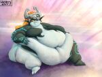 2025 4:3 artist_name belly belly_grab belly_squish big_belly big_breasts big_butt bite biting_lip biting_own_lip black_body black_ears black_skin blue_body blue_markings blue_skin breasts butt chubby_cheeks colored dated deep_navel digital_media_(artwork) double_chin fat_rolls female fused_shadow grey_helmet hair hand_on_belly hand_on_own_belly hi_res huge_belly huge_breasts huge_butt huge_thighs humanoid humanoid_pointy_ears hyper hyper_belly hyper_breasts hyper_butt hyper_thighs imp looking_down looking_down_at_self markings midna morbidly_obese morbidly_obese_female morbidly_obese_humanoid navel nintendo not_furry obese obese_female obese_humanoid orange_hair overweight overweight_female overweight_humanoid pointy_ears red_eyes self_bite shaded sitting snaggle_tooth solo squish text the_legend_of_zelda thick_thighs three-quarter_view twili twilight_princess wenisberry yellow_sclera