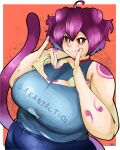 2026 ahoge anthro big_breasts border bottomwear breasts clothing denim denim_bottomwear denim_clothing digital_drawing_(artwork) digital_media_(artwork) english_description female floppy_ears gesture hair heart_gesture hi_res humanoid humanoid_hands it_doodles jeans light_body light_skin looking_at_viewer markings overweight overweight_anthro overweight_female pants purple_hair purple_markings red_background red_eyes shirt simple_background smile smiling_at_viewer solo tail text text_on_clothing text_on_shirt text_on_topwear thin_tail topwear white_border