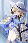  1girl absurdres black_collar black_gloves blonde_hair blunt_bangs closed_mouth collar gloves hair_ribbon hand_up haryun9999 hat highres light_blush long_hair looking_at_viewer pantyhose phoebe_(wuthering_waves) purple_eyes ribbon shirt sidelocks skirt smile solo standing striped_ribbon sun_hat white_hat white_pantyhose white_shirt white_skirt wuthering_waves 