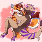 arms_around_neck arms_around_partner bedroom_eyes blue_eyes blue_markings blush brown_body brown_fur canid canine cheddarbyte chest_tuft dinosaur dromaeosaurid duo ear_tuft eye_contact fox fur green_eyes guarezwolf heart_symbol hi_res holding_another hybrid looking_at_another male male/male mammal markings nanakifoxx narrowed_eyes orange_body orange_fur prehistoric_species purple_body purple_fur purple_markings reptile saurischian scalie seductive sergal tan_body tan_fur theropod tuft white_body white_fur