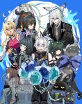  2boys 4girls ahoge android animal_ears arm_up armpits bangboo_(zenless_zone_zero) bare_shoulders black_choker black_gloves black_hair black_jacket black_necktie blue_background blue_bow blue_jacket bow braid braided_sidelocks breasts cat_boy cat_ears cat_tail chalky_(zenless_zone_zero) choker cissia_(zenless_zone_zero) collar colored_tips commentary confetti crossed_bangs detached_sleeves fingerless_gloves gloves green_eyes green_hair green_necktie grey_jacket grey_shirt hair_between_eyes hair_ornament hairband hairclip hat highres holding holding_party_popper jacket jane_doe_(zenless_zone_zero) large_breasts long_hair looking_at_another looking_at_viewer metal_hairband mouse_ears mouse_girl mouse_tail multicolored_hair multiple_boys multiple_girls necktie open_mouth party_hat party_popper police police_badge police_uniform policeman policewoman pom_pom_(clothes) pom_pom_hair_ornament ponytail purple_eyes qingyi_(zenless_zone_zero) red_eyes red_hair red_nails red_necktie red_streaks seth_lowell severian_lowell shirt sidelocks sitting snake sphere_hair_ornament standing streaked_hair sweat sweatdrop tail tail_bow tail_ornament to_te_na twintails two-tone_necktie untranslatable_commentary white_snake yellow_necktie zenless_zone_zero zhu_yuan 